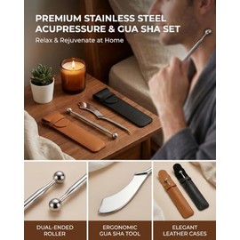 Stainless Steel Roller Massage Tools Set,3 Pcs Skin Care Kit for Daily Use | Handheld Metal Facial & Body Massager, PU Leather Case, Skin Care Kit, Da