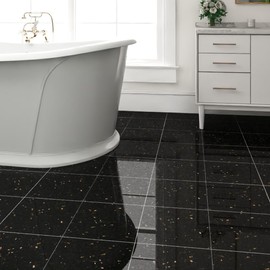 10-Pack 10 Sq.Ft Peel and Stick Floor Tiles Vinyl Glossy Pattern Flooring, 12” x 12” Self Adhesive Vinyl Flooring DIY for Kitchen, Bathroom, Laundry, Polish Black Galaxy Marble