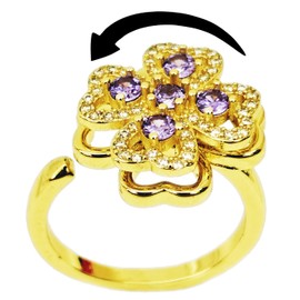 ReznJwfou Anti-Anxiety Fidget Spinner Ring, 18K Gold Plated Copper Purple Four Leaf Clover Cubic Zirconia Women's Wedding Engagement Statement Sensory Toy Ring, Open Adjustable