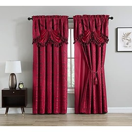 Chezmoi Collection Noble 4-Piece Oriental Jacquard Window Curtain Set Sheer Backing Tassels Valance, Red