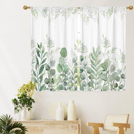MitoVilla Green Eucalyptus Leaves Kitchen Curtains 39 Inch Length for Small Window Treatments, Watercolor Botanical Rod Pocket Top Tier Short Curtains for Closet Door Coverings, 2 Panels, 26x39