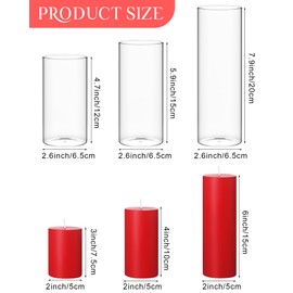 Shihanee Set of 3 Pillar Candles and 3 Glass Cylinder Candle Vases Holders Clear Pillar Jars for Wedding Centerpieces(2.6'' X 4.7'', 5.9'', 7.9'',Red)