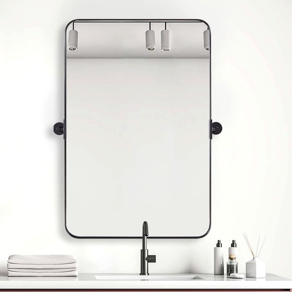 ANDY STAR 22"x34" Matte Black Pivot Mirror for Bathroom, Metal Frame Bathroom Mirrors for Wall，Rectangle Titling Vanity Wall Mirror with Rounded Corner Design Hangs Vertically Only