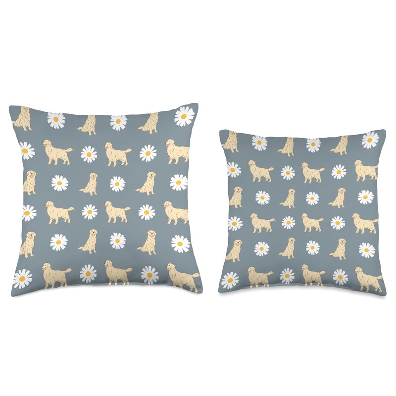 Golden Retriever and Daisy Flower Pattern Dusty Blue Throw Pillow