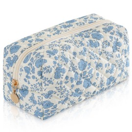UUYUUY Makeup Bag Travel Toiletry Bag for Women, Small Cosmetic Bags Cute Quilted Cotton Makeup Pouch for Purse Emergency Bag for School Floral Pencil Case Accessory Bag, Blue