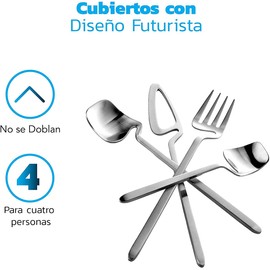 Bluelander Juego de Cubiertos, Acero Inoxidable, Diseño Futurista, Set 16 Piezas, Acabado Mate, Servicio para 4 Persona, Perfectos Todo Tipo de Evento (16 Piezas, Plata)