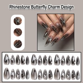 ANDGING Black Press on Nails Almond Short Medium Ombre Fake Nails with Glue Acrylic Glue on Nails with Rhinestone Butterfly Charm Design Gel Manicure False Nails for Wedding Birthday Stick on Nails