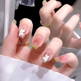Floral Press on Nails Medium French Coffin Shape Fake Nails Summer White Cherry Blossoms False Nails Glue on Nails Blush Nail Design for Women Nail Decoration 24 Pcs