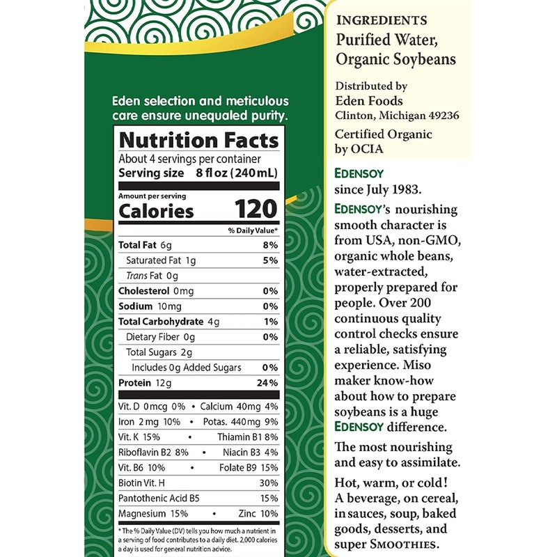 Edensoy Unsweetened Eden Organic Soymilk, Non-GMO, USA Whole Soy (Soya)
