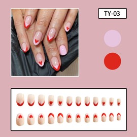 Almond Short Press On Nails - Valentine's Day Heart Design With Pink and Red French Tip - Glossy Acrylic False Nails for Women - 24 Pieces