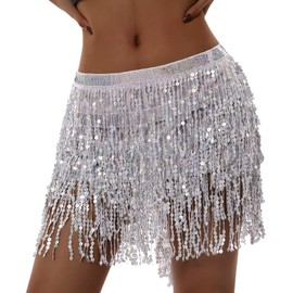Fiacafyo Sequin Hip Scarf Wrap Tassel Short Skirt for Women Sparkly Fringe Dance Belly Skirt Rave Festival Party Costume (Silver, ONE Size)