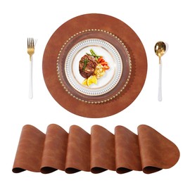 Univo Colors PU Leather Placemats Set of 6,15" Round Washed Cowhide Pattern Table Mats for Dining Table, Kitchen, Party Decoration(Retro Reddish Brown)