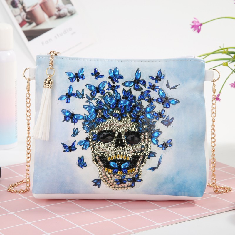 Diamond Painting Wallet White PU Leather Skull Pattern Chain Bag