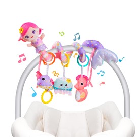Koty Carseat Toys Hanging, Pink Mermaid Stroller Toys for Babies 0-6 Months, Baby Car Seat Toy with Crinkle, Teether, Music Box, Rattle, BB Squeaker for Babies Boys Girls Gifts (Pink Mermaid)