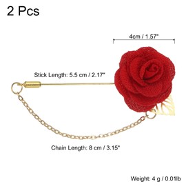 QUARKZMAN Lapel Pin for Men, Size: 1.57 Inch Fabric Alloy Rose Flower Needlesuit Lapel Pin with Gold Leaf & Embellishment/Tassel Chain Brooch for Groom Wedding 2 Pieces Deep Red