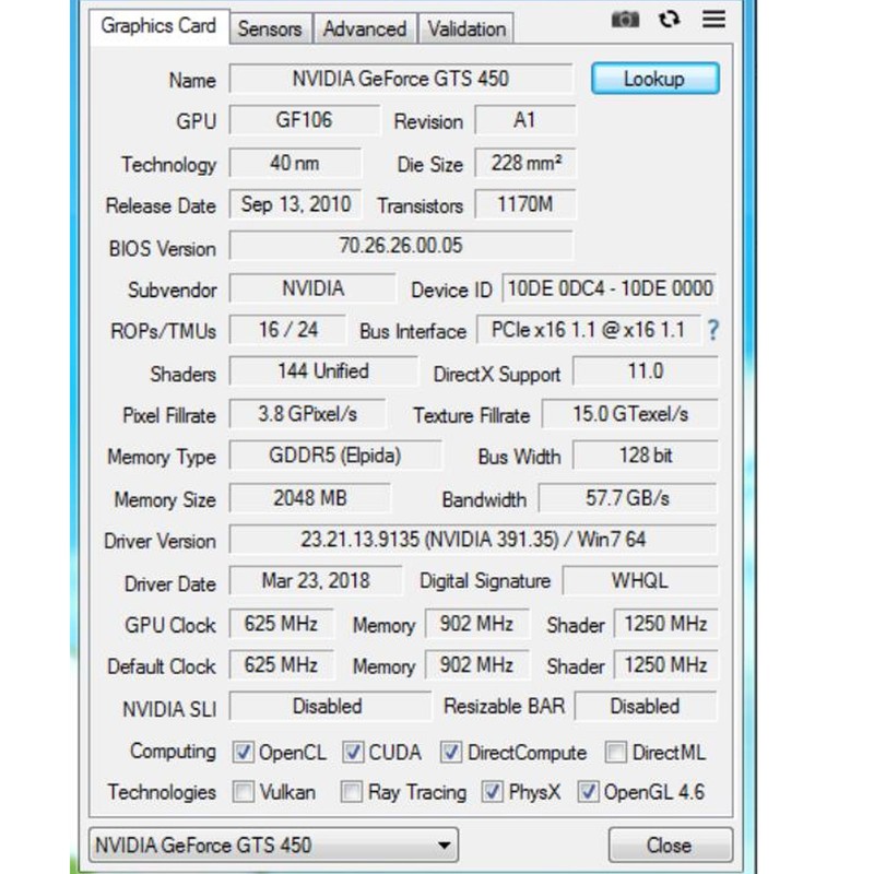 GTS450 Gaming Graphics Card 2GB GDDR5 Memory 625 MHz VGA