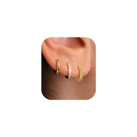 ZHESHY Gold Earrings Set Women's 3 Pairs 14K Gold-Plated Silver 925 Small Hoop Earrings Hanging Earrings with Zirconia Waterproof Hypoallergenic Golden Stud Multiple Piercings Jewellery for Women,