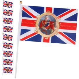 TRIXES Pack of 10 King Charles III Coronation 2023 Waving Union Jack Flags - Decorative Flags with Sticks and the King's Face
