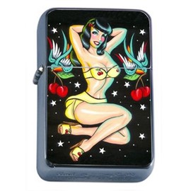 Brunette Tattoo Retro Cherry Windproof Refillable Flip Top Oil Lighter with Tin Gift Box D-120