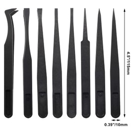 Bonsicoky 8Pcs Precision Plastic Tweezers, 4.5-4.8 Inch Anti-Static Tweezers Set with Curved and Straight Tips for Electronics Assembly, Watch Repair, Crafts Making (114-123mm, Black)