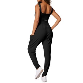Casei Jumpsuits for Women Casual Summer Rompers Sleeveless Loose Strap Baggy Overalls Yoga Harem Jumpers with Pockets(Black,M)