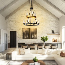 Lightdot 2 Tier Wagon Wheel Chandelier, 9-Light 36" Rustic Pendant Light Fixture for Ceiling, Height Adjustable Round Hanging Light for Kitchen Island, Living Room, E12 Base, Filter Bulb