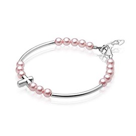 Luxury Child Banglet Bracelet with Silver Cross and Pink Pearls (BD25_M)