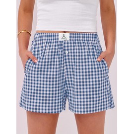 ANRABESS Shorts for Women Casual Summer Plaid Pajama Shorts Soft Elastic Gingham Lounge Sleep Boxers Bottoms Blue White Plaid Large