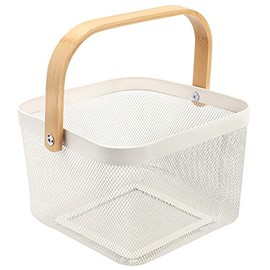 Yopay Mesh Steel Fruit Basket Bin with Wood Handle, Multi-functional Hanging Storage Organizer for Cabinets, Cupboards, Shelves, Bathroom, White