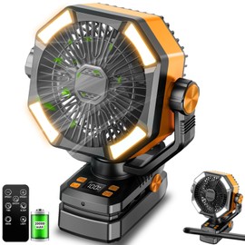 Dyienocs Clip on Fan - 20000mAh Rechargeable Battery Powered Outdoor Portable Tent Fan with Light and Hook - Camping Fan with Remote, 5 Speeds, 5 Timing, Shaking Head,Digital display - Black/Orange