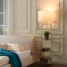 ROSEN GARDEN Dimmable Floor Lamp with Shelves, Gold Modern Floor Lamp for Living Room with White Faux Marble Shelves and Ivory Lamp Shade, Standing Tall Light with Rotary Switch for Home Office