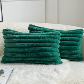 Mandioo Pack of 2 Decorative Cushion Covers 30cm x 50cm Faux Fur Striped Plush Soft Throw Pillow Covers Pillow Cases Bedroom Living Room Sofa Home 12x20 Inch Green