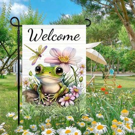 Spring Summer Frog Garden Flag 12x18 Inch Double Sided Outside Vertical,Welcome Dragonfly Flower Seasonal Home Decor For Yard Lawn Outdoor Decoration Flag