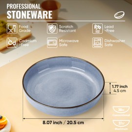 Herogo Pasta Bowls Sets of 4, Stoneware Plates and Bowls Sets, Large Wide Shallow 37oz Salad Serving Bowls, Cereal Soup Bowls for Kitchen Dining, Microwave & Dishwasher Safe, Haze Blue