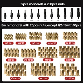 Rivet Nut Tool Kit, 16" Rivnut Tool with 12 Mandrels & 230pcs Rivet Nuts