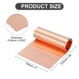 uxcell Pure Copper Sheet Roll, 0.06mm 28Ga Thick T2 Copper Flashing 1530mm x 102mm/5Ft x 4in Copper Strip Soft Copper Metal Foil Plate for Craft Electrical House Repair