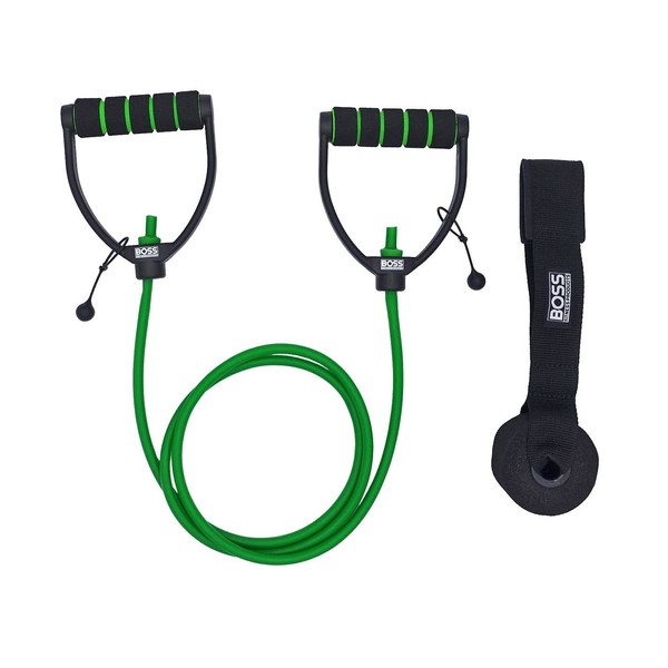 BOSS FITNESS PRODUCTS - Ultra Premium D-Handle Single Resistance Band - Adjustable Band Length - with Extra Large Heavy Duty Door Anchor (Green)