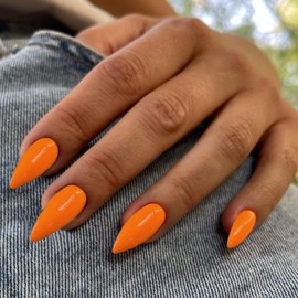 Orange Press on Nails Medium Stiletto Almond,KQueenest Glossy Acrylic Nails Kit Reusable Fake Nails Feature Protective UV Coating for Women Nail Art Manicure in 24PCS