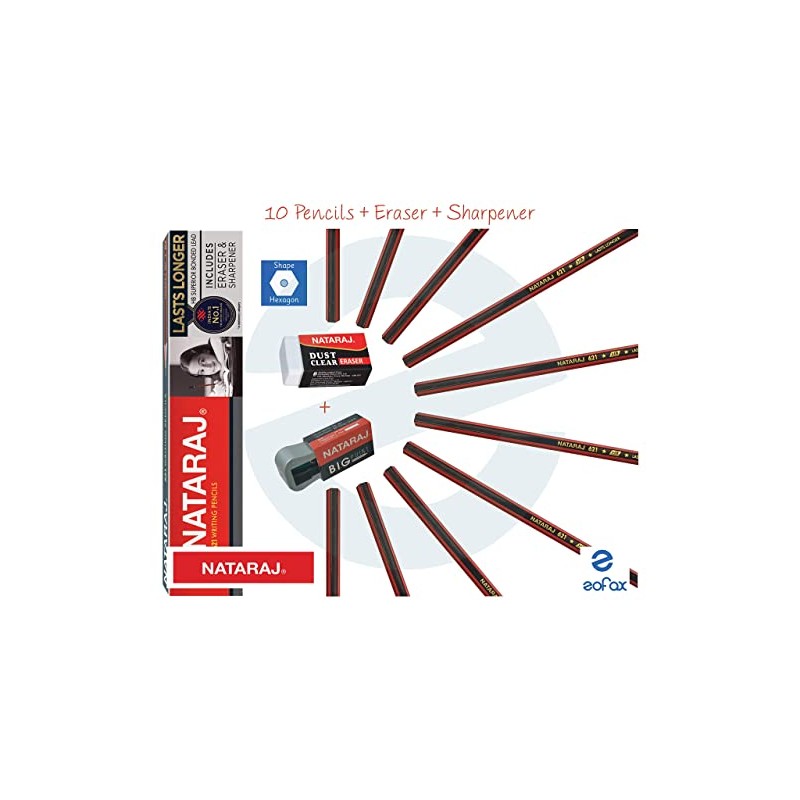 NATARAJ 10 Hexagonal Wooden Pencils + Eraser + Sharpener -