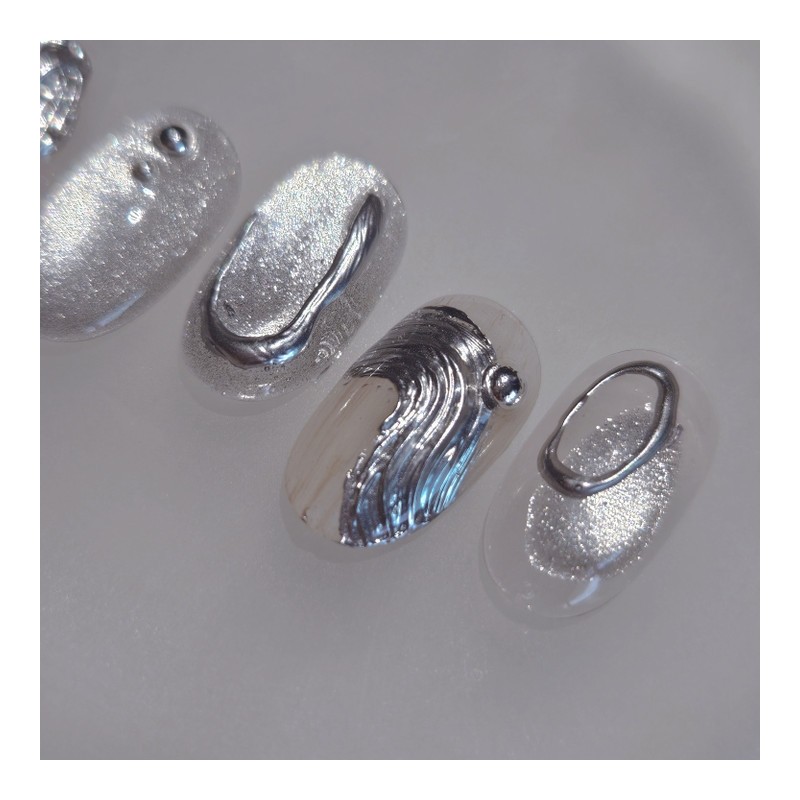 Chrome Object Handmade Nail Tip Silver Nail - Almond Short