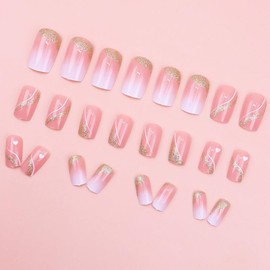 Pink Gradient Press on Nails Medium Square Heart Design Fake Nails with Glue Gold Foil Curve Stick on Nails Full Cover Glossy False Nails for Women DIY Manicure Decoration 24PCS