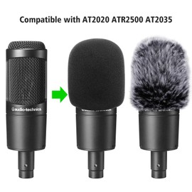 Windscreen Pop Filter Compatible with AT2020,Mic Foam Cover+Furry Windscreen Muff Wind Compatible with Audio Technica at2020 at2035 at2500 at2050 at4040,Chromlives Furry & Foam Microphone Cover 2Pack