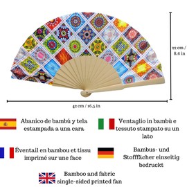 Folding Fan with Cover, Bamboo and Fabric Fan with Patterned Drawing. with Fan Cover Made in Spain (Mediterranean Light)
