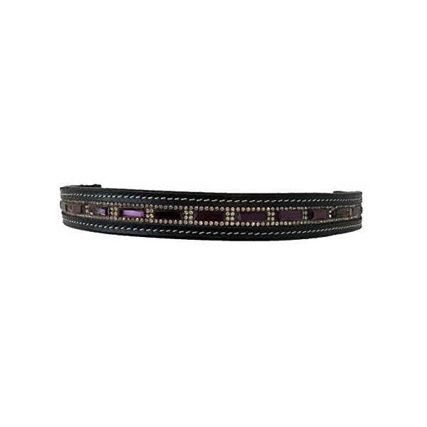 Equitem Pony Size Leather English Bridle Browband with Purple and Clear Crystals (Black)
