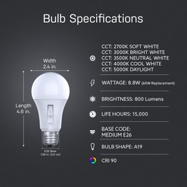 Feit Electric LED Motion Sensor Light Bulb, A19 60W Equivalent, 5CCT, Non-Dimmable, E26 Medium Base, 90 CRI, 800 Lumens, Adjustable White, 15 Years Lifetime, OM60/5CCTCA/MM/LEDI