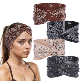 JIEYAO Pack of 4 Women's Headbands, Elastic Wide Hair Band, Soft Headband, Non-Slip Headbands, Hair Band, Cute Head Wrap Hair Bands, Hair Accessories for Everyday Yoga, Sports, Fitness (Cashew Flower)