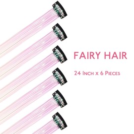 WENNALIFE Hair Tinsel Clip in Bright White Tinsel Hair Extensions for Girls Glitter Hair Tinsel Clip Ins Hair Accessories Heat Resistant Sparkle Strands Christmas Birthday Gifts for Girls 6pcs 24 Inch