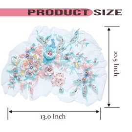 Silvora Colorful Flower Fabric Beaded Lace Applique,3D Embroidered Flower Fabric Patch for Bridal Dress, Handmade Sewing Tool for Wedding DIY Crafts(Blue-2)
