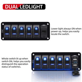 FXC 5 Gang Rocker Switch Aluminum Panel with Voltmeter & Dual USB(4.8 Amps) Fast Charging, Blue Backlit Led, Pre-Wired IP65 Waterproof for Marine, Boat, Car, Truck, Polaris, Jeep (Blue)