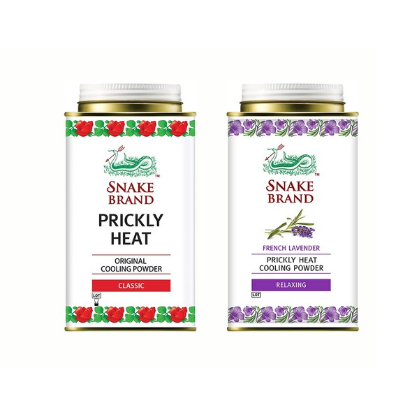 SNAKE BRAND Prickly Heat Cooling Body Powder 140g Twin Pack Classic & Relaxing Lavender (1 of Each)